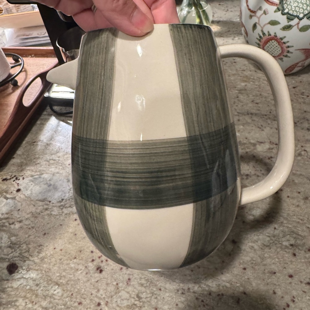 Creative Co-Op Ceramic Pitcher with Green and Cream Accents